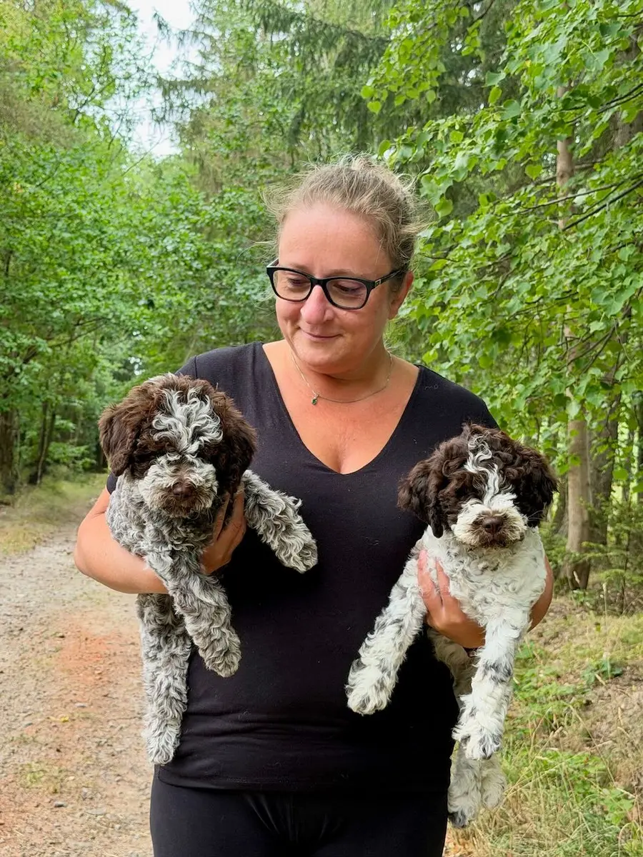 Žena se dvěma štěňaty Lagotto Romagnolo